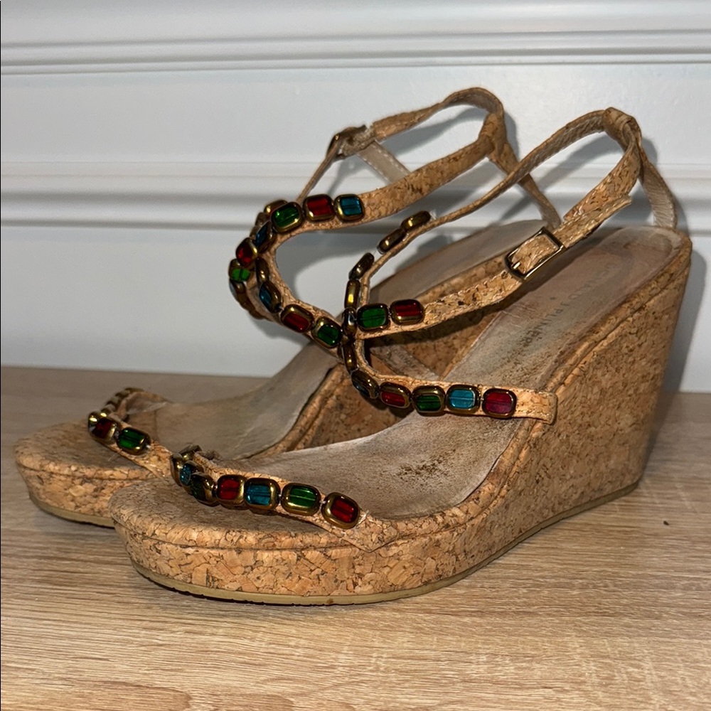 Donald J. Pliner “Wondra-Co”‎ Jewel Straps Cork Wedge Sz 7.5M 4”Heel Sandals - Picture 13 of 16